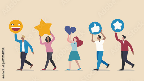 Diverse group of people holding up positive feedback symbols like emojis and likes