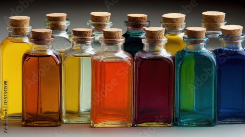 Colorful Essential Oils in Vintage Glass Bottles with Wooden Caps