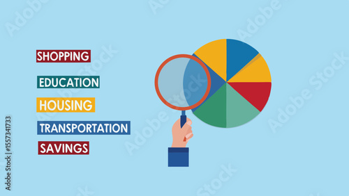 Analyzing household expenses with a pie chart and magnifying glass