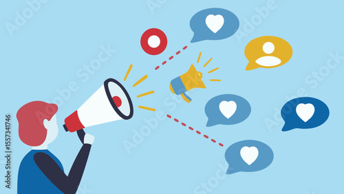 Person with megaphone broadcasting messages of love and engagement to audience