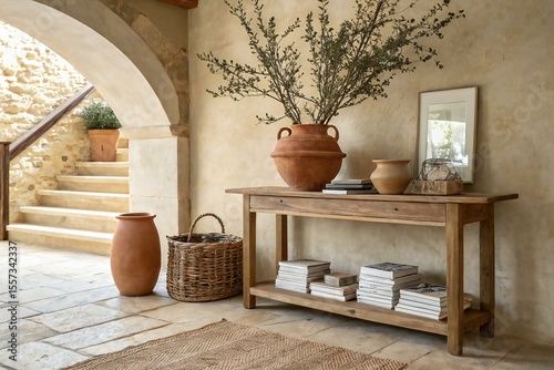 Mediterranean-inspired rustic interior with terracotta vases, wooden console table, woven basket, and arched stone staircase in natural earthy tones