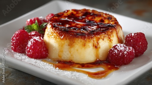 Creme Brulee with Raspberries: Elegant Plated Dessert with Caramelized Sugar