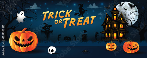 Spooky Halloween Night with Haunted House and Pumpkins