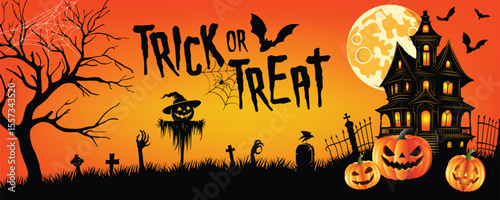 Halloween Trick or Treat Night with Haunted House and Pumpkins