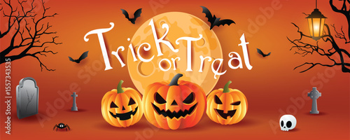 Spooky Halloween Trick or Treat Night with Pumpkins and Bats