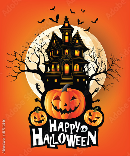 Haunted House with Glowing Pumpkins and Full Moon on Halloween Night