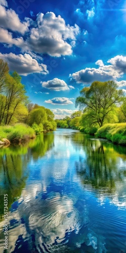 Serene Spring River Scene with Lush Greenery and Cloudy Blue Sky