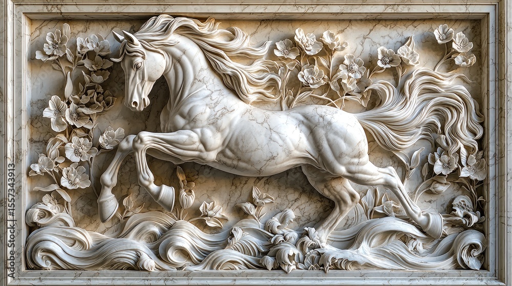 Ornate bas-relief sculpture of a rearing horse amidst floral designs. Ornate bas-relief sculpture of a rearing horse amidst floral designs.