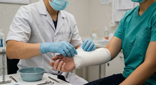A caring doctor meticulously wraps a patient s arm in a clean white cast providing essential medical care during a