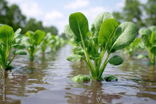 Leafy green vegetable plant in flooded field, water droplets on leaves, sunny day.