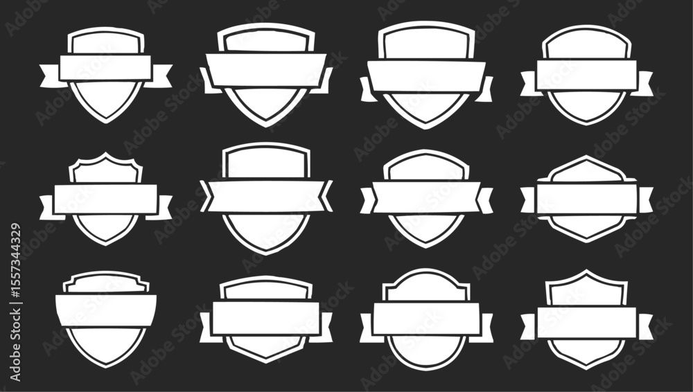 Collection of blank white vintage shield badge templates with banners on black background perfect for custom logos, label design, branding elements, awards, emblems, and certificate graphics