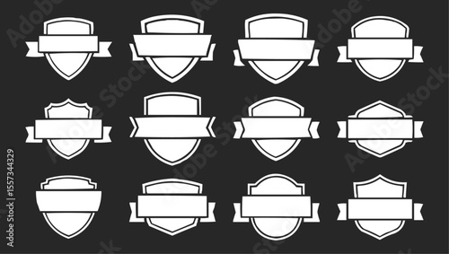 Collection of blank white vintage shield badge templates with banners on black background perfect for custom logos, label design, branding elements, awards, emblems, and certificate graphics