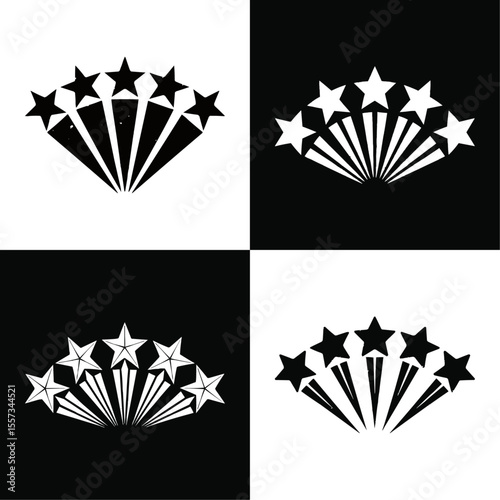 Black and white starburst icon set featuring five-pointed stars radiating in a symmetrical fan pattern ideal for awards, achievements, celebratory graphics, logos, labels, and decorative branding use