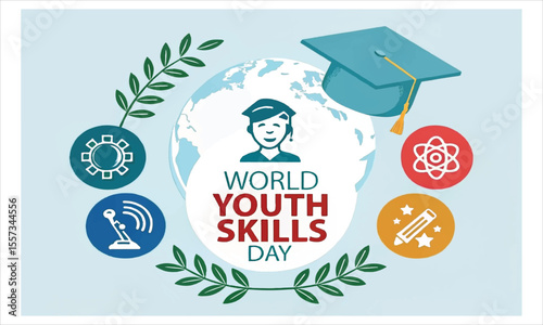 World youth skills day celebrates future generations with a lightbulb of ideas and raised hands