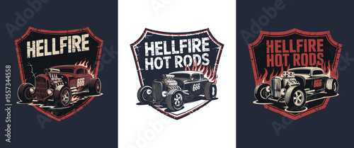 Hellfire Hot Rods vintage car logo set with flaming shield emblems and retro muscle car illustrations for classic automotive garage branding, custom mechanic merchandise, and motorsport apparel