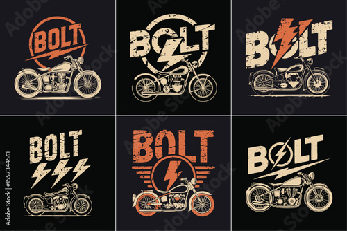 Vintage Bolt motorcycle logo collection with distressed grunge texture, retro lightning bolt graphics, and custom chopper illustrations for biker apparel, garage branding, and motor club merchandise