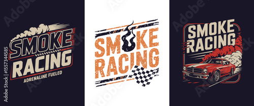 Smoke Racing retro car logo set with vintage muscle car illustrations, bold typography, flames, smoke trails, and racing flags for automotive branding, motorsport apparel, and garage merchandise