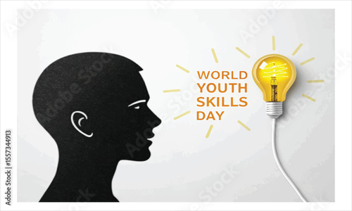World youth skills day celebrates future generations with a lightbulb of ideas and raised hands