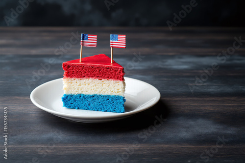 piece of cake on a plate with two small flags on top