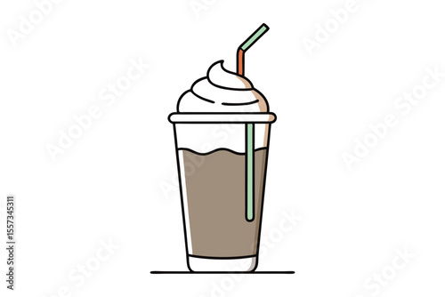 Summer iced coffee drink vector with straw and whipped cream