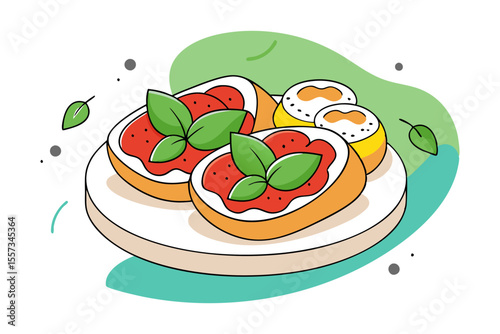 Tomato basil bruschetta vector on Italian platter with fresh look