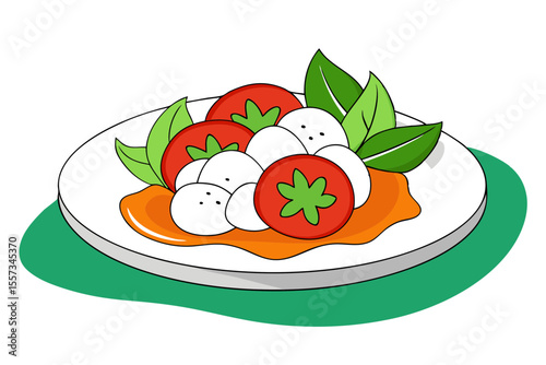 Fresh Italian caprese salad vector with tomato mozzarella leaf art