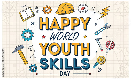 World youth skills day celebrates future generations with a lightbulb of ideas and raised hands