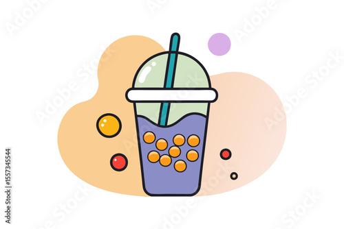 Aesthetic Bubble Tea with Straw and Boba Line Drawing Illustration