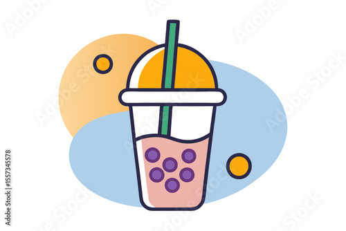 Cute Bubble Tea Art with Tapioca Pearls and Straw Vector Drawing