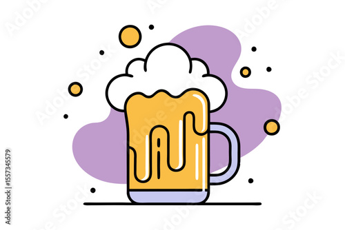 Foamy Beer Glass with Bubbles in Colorful Drawing Style