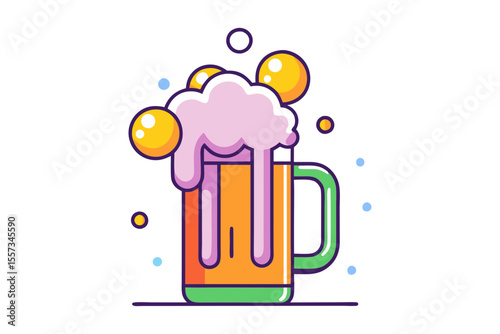 Cheerful Beer Mug with Foam and Bubbles Vector Art Illustration