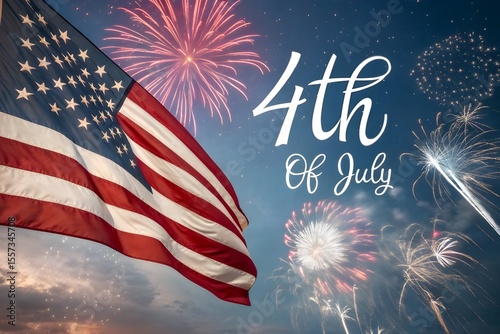 Patriotic 4th of July Flag Illustration with Crossed American Flags, Fireworks & Stars
