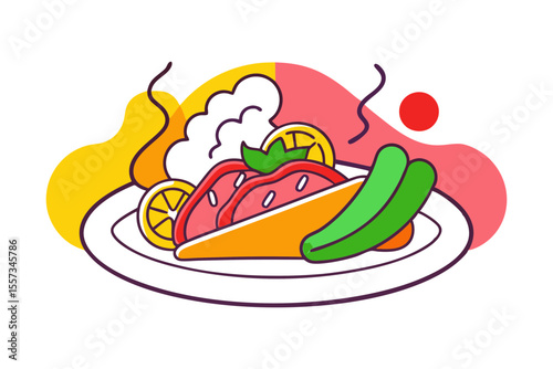 Fajita Platter with Sizzling Beef Bell Peppers Tortillas Vector