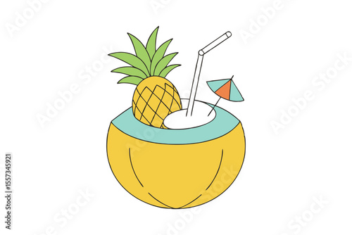 Piña Colada Tropical Drink in Coconut with Pineapple Garnish