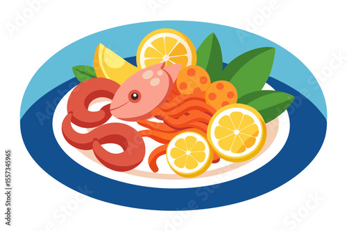 Classic Italian seafood platter with shrimp calamari lemon vector art