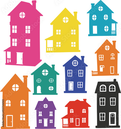 Charming Collection of Colorful House Silhouettes: Ideal for Real Estate, Home Décor, Neighborhood Concepts, and Children's Book Illustrations.