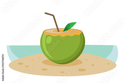Coconut water vector with straw on sandy tropical beach landscape