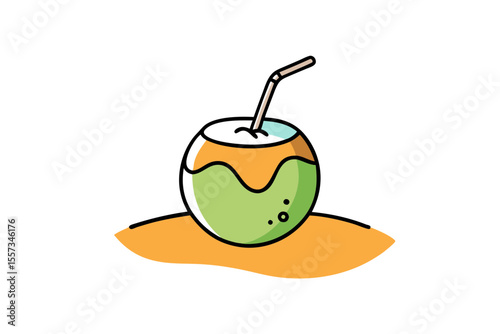 Refreshing coconut water in coconut vector on sandy beach setting