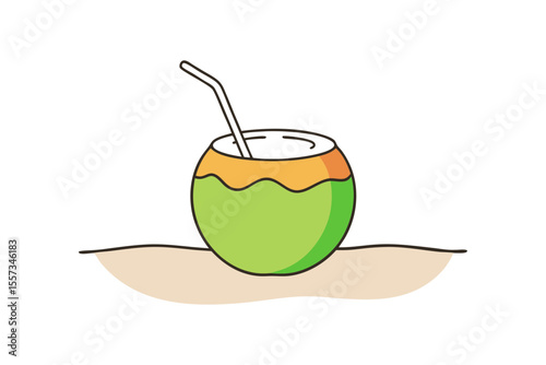 Tropical beach scene with coconut water and straw vector drawing