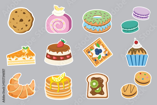 Cute dessert sticker pack - choco chip, cake roll, donut, macaroon, cake slice, pudding, waffle, cupcake, croissant, pancake, sandwich, biscuit