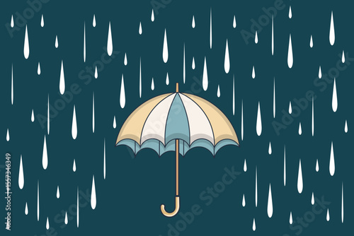 Cartoon vector illustration of umbrella with soft rain drops in pastel tones, perfect for children’s weather design, seamless backgrounds, baby products, and digital prints
