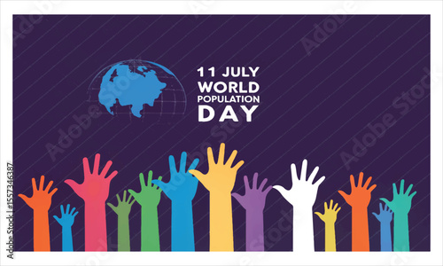 World population day celebrated with diverse hands raised around the globe