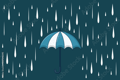 Cute pastel umbrella with falling raindrops, flat cartoon vector illustration for rainy day backgrounds, baby room decor, kids illustrations, and seamless seasonal patterns
