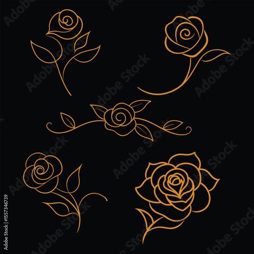 golden rose line art vector illustration for elegant floral designs.