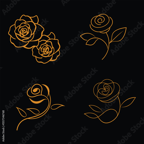 golden rose line art vector illustration for elegant floral designs.
