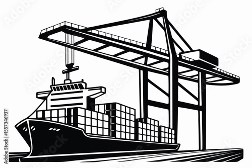Vector art of container ship being loaded by crane isolated on white background