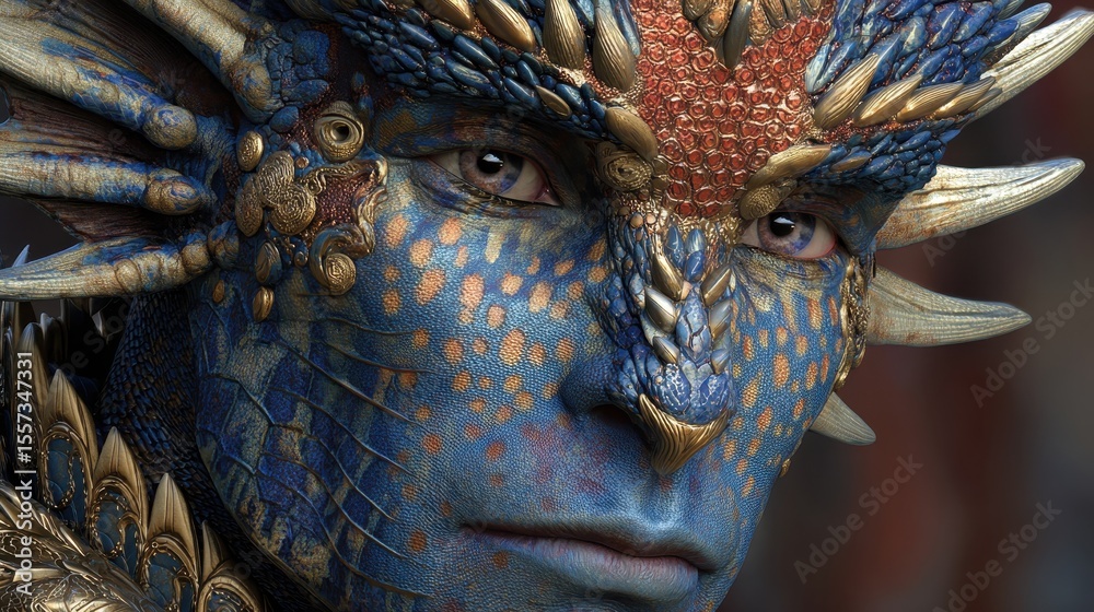 Fototapeta premium Fantasy Character with Reptilian Features and Blue Skin: Intricate Makeup and Vivid Colors