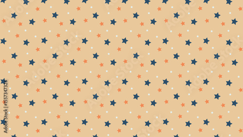 Seamless cute star pattern with navy, orange, and white stars on beige background. Ideal for nursery decor, baby products, kids fabric, wrapping paper, and playful digital or print designs.