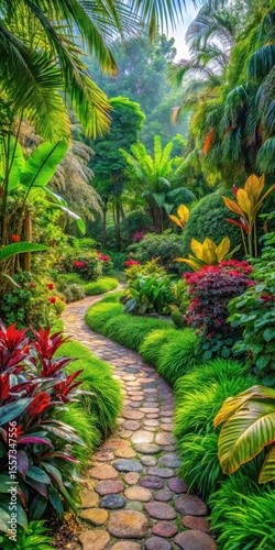 Dense foliage in a vibrant green landscape with exotic plants and trees amidst a colorful stone pathway