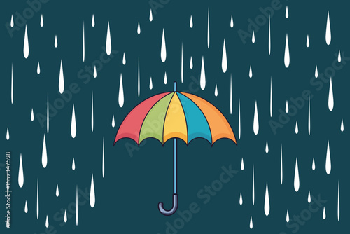 Colorful umbrella in the rain, vector cartoon illustration with falling drops, flat pastel design for children’s art, rainy day wallpapers, and weather graphics
